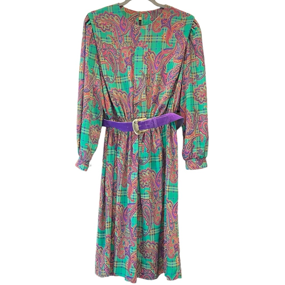 Vintage Lora Original Lady Carol Paisley Dress Green Pink Purple Size 14